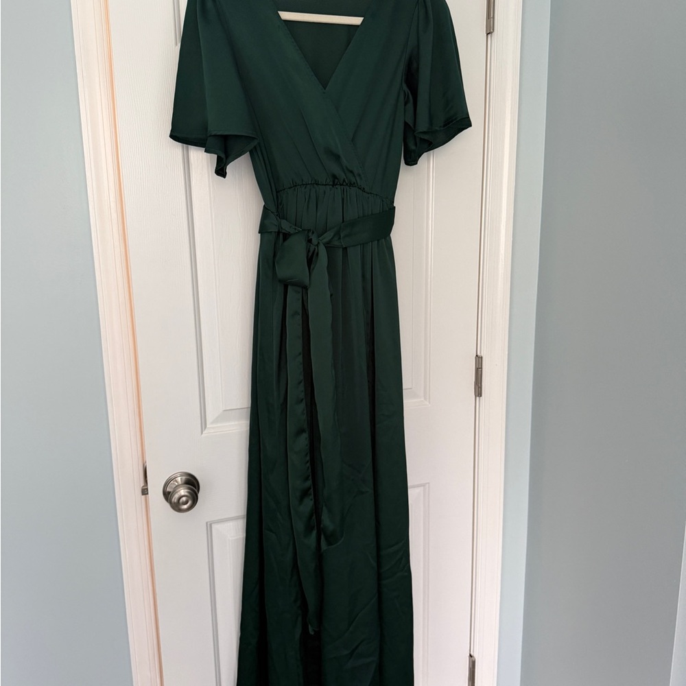 Baltic Born Emerald Green Satin Maxi Wrap Dress | Size Small